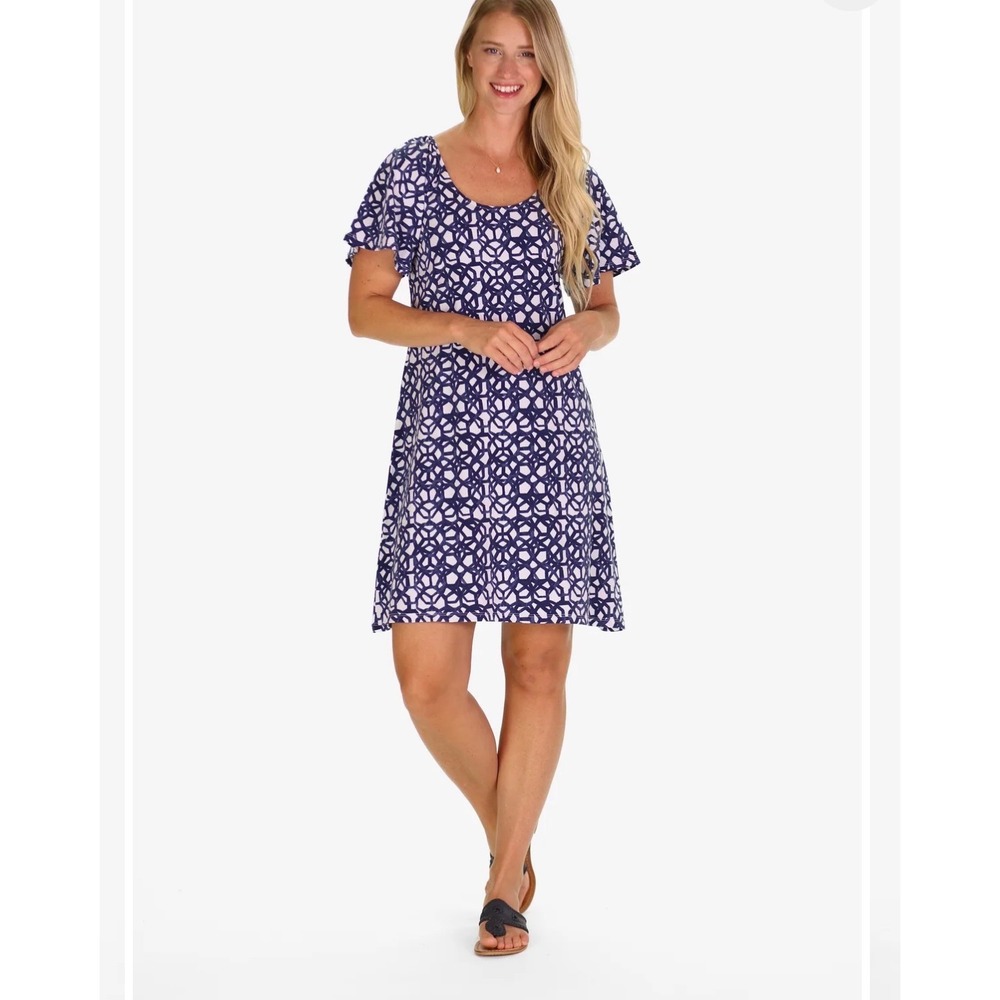 Duffield Lane Natalia Dress Navy Bowline Cotton Flutter Sleeve Size L NWT